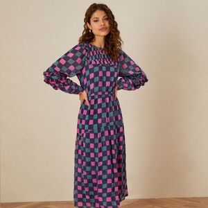 Long Sleeve Pink and Navy Check Maxi Dress
